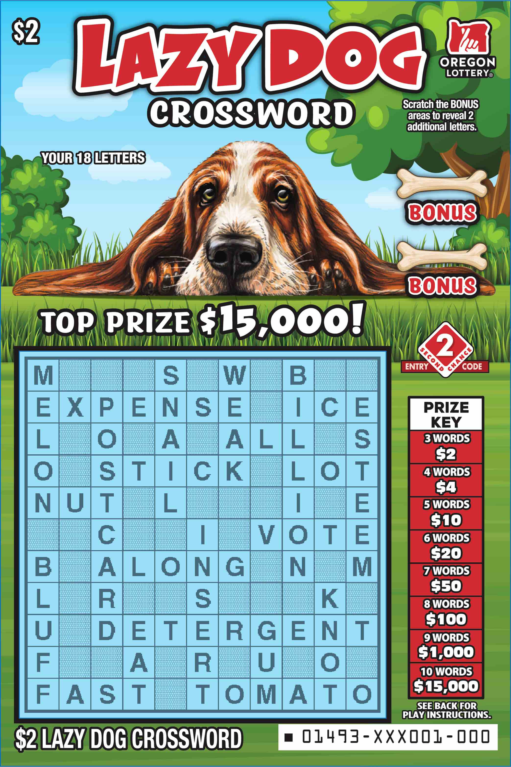 Lazy Dog Crossword scratchcard - game number #1493 - front