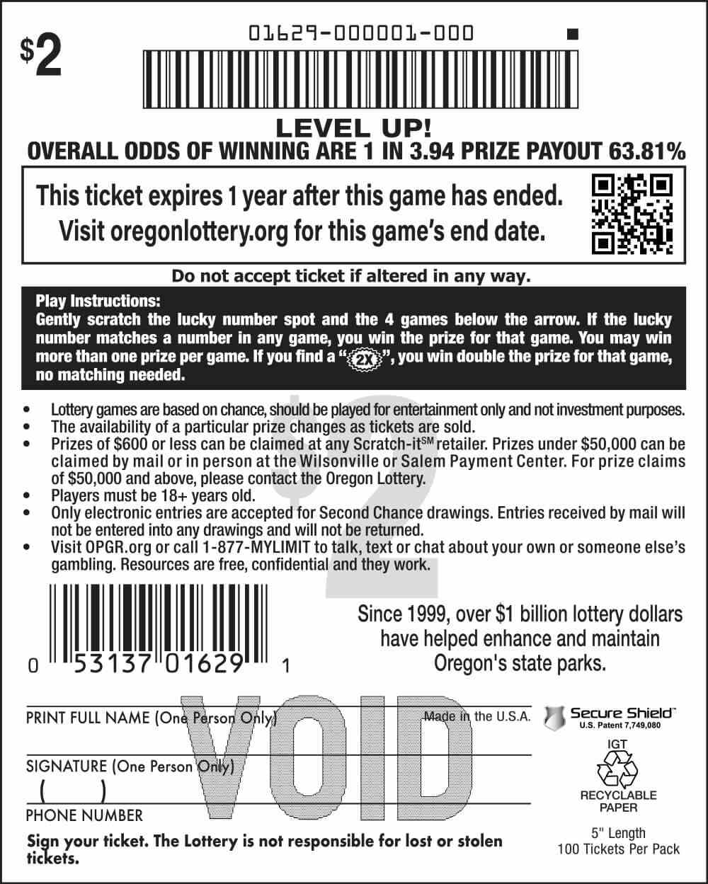 Level Up! scratchcard - game number #1629 - back