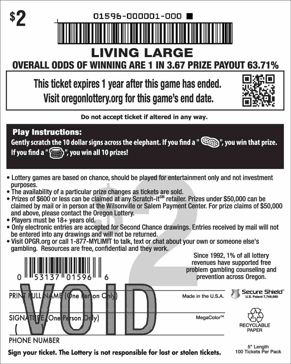 Living Large scratchcard - game number #1596 - back