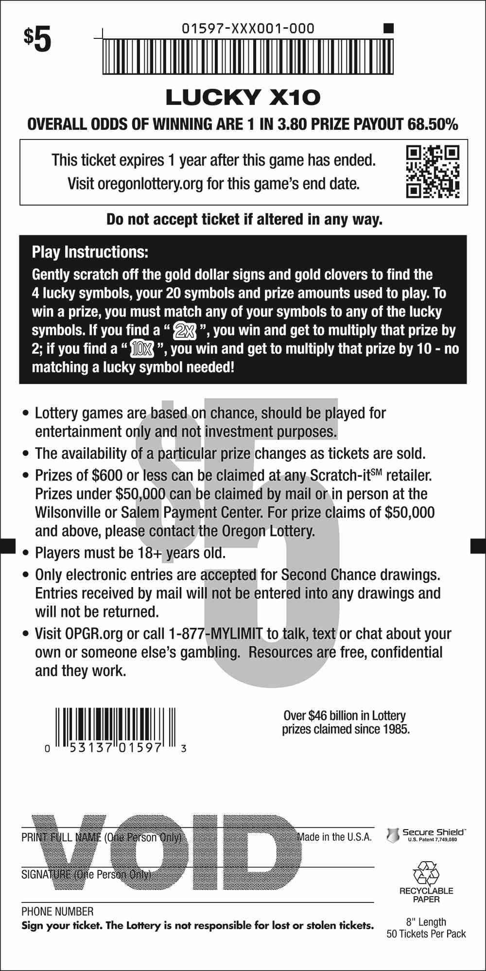 Lucky X10 scratchcard - game number #1597 - back