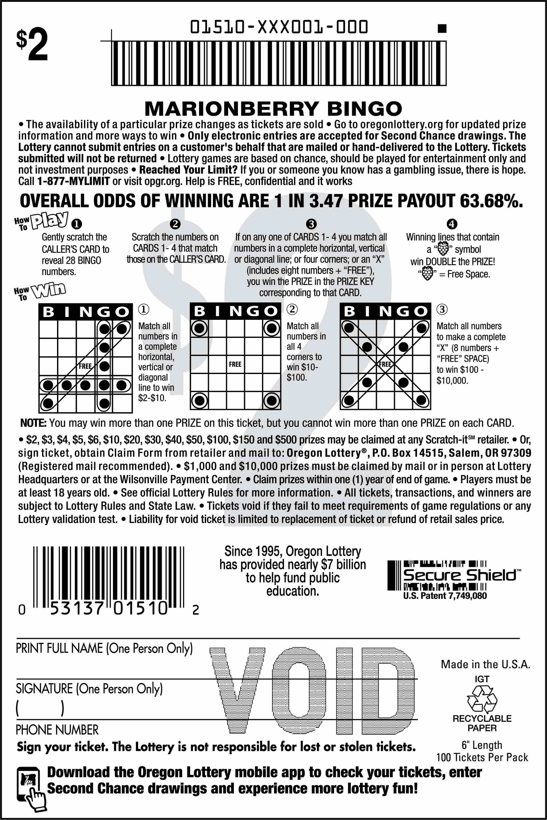 Marionberry Bingo scratchcard - game number #1510 - back