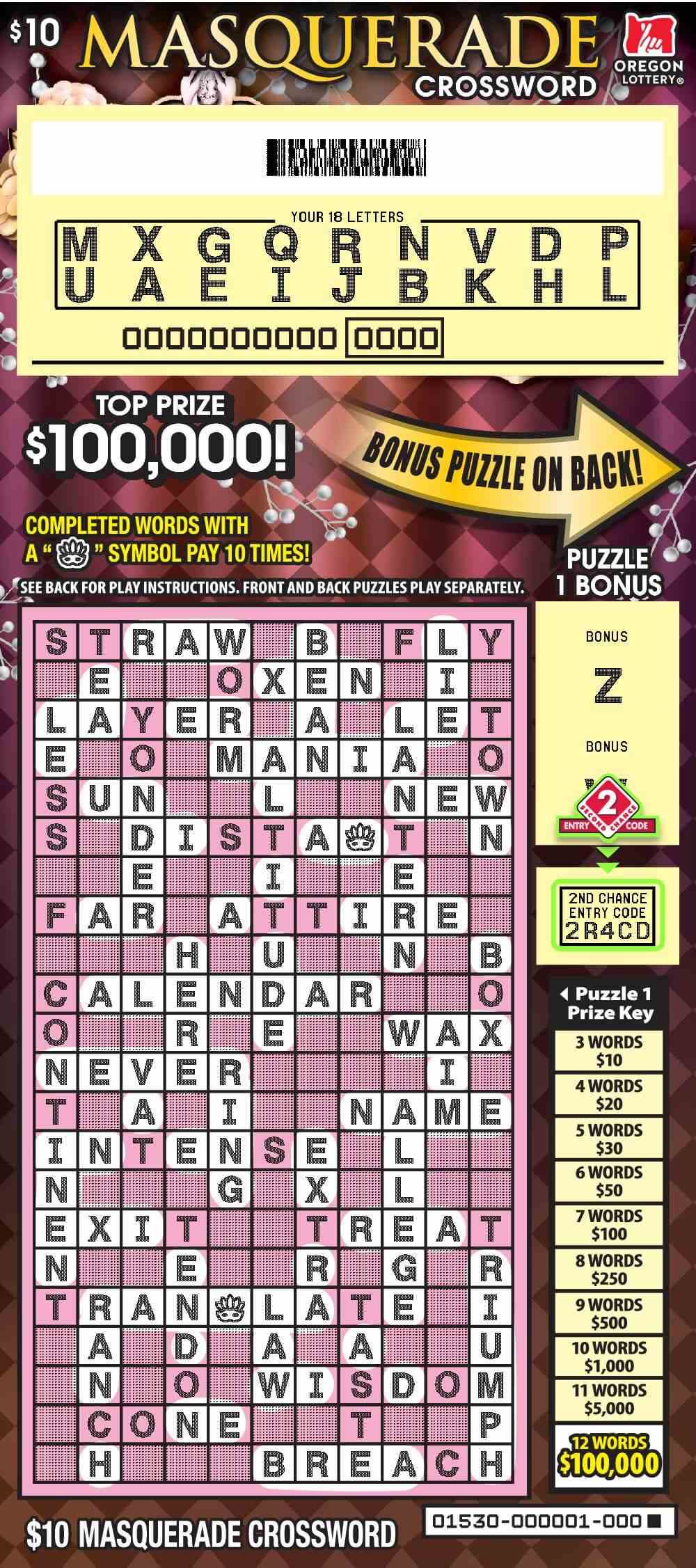 Masquerade Crossword scratchcard - game number #1530 - front-scratched