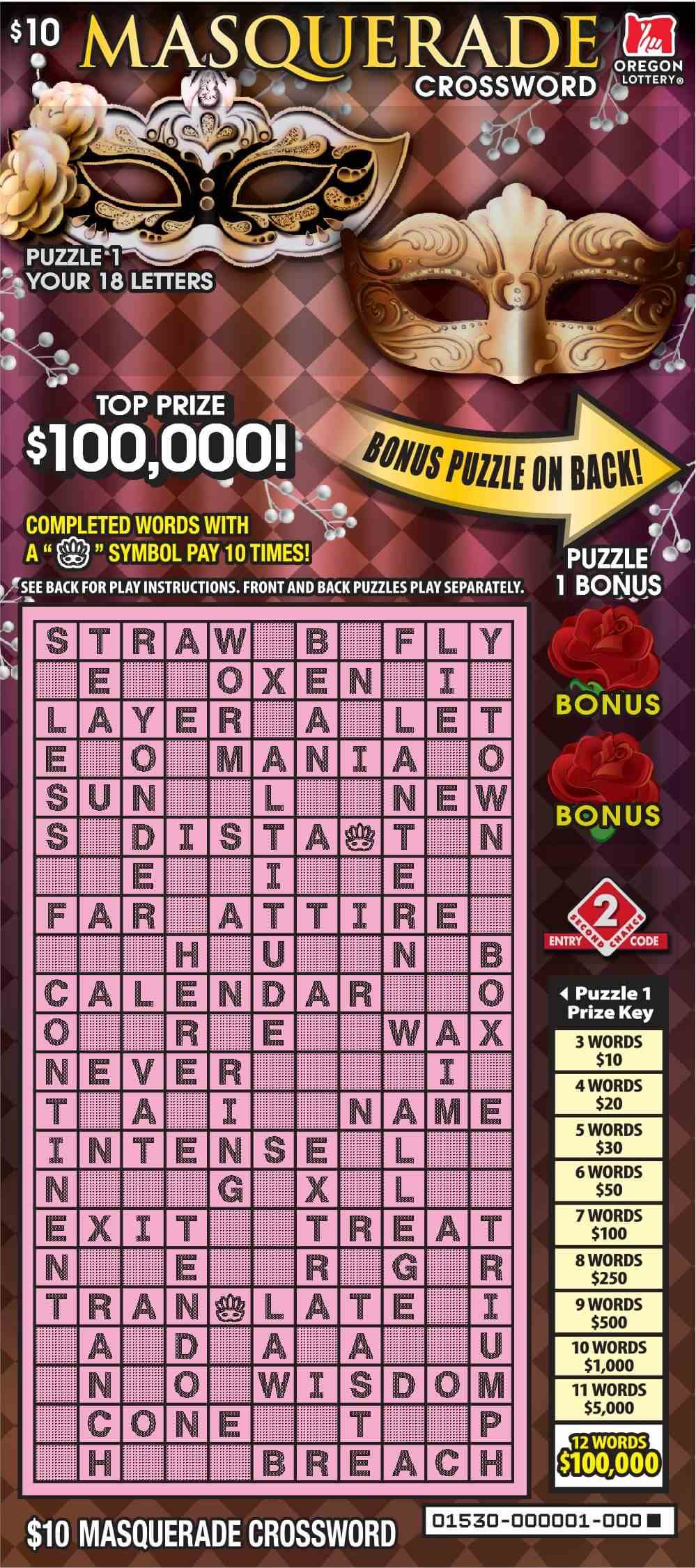 Masquerade Crossword scratchcard - game number #1530 - front