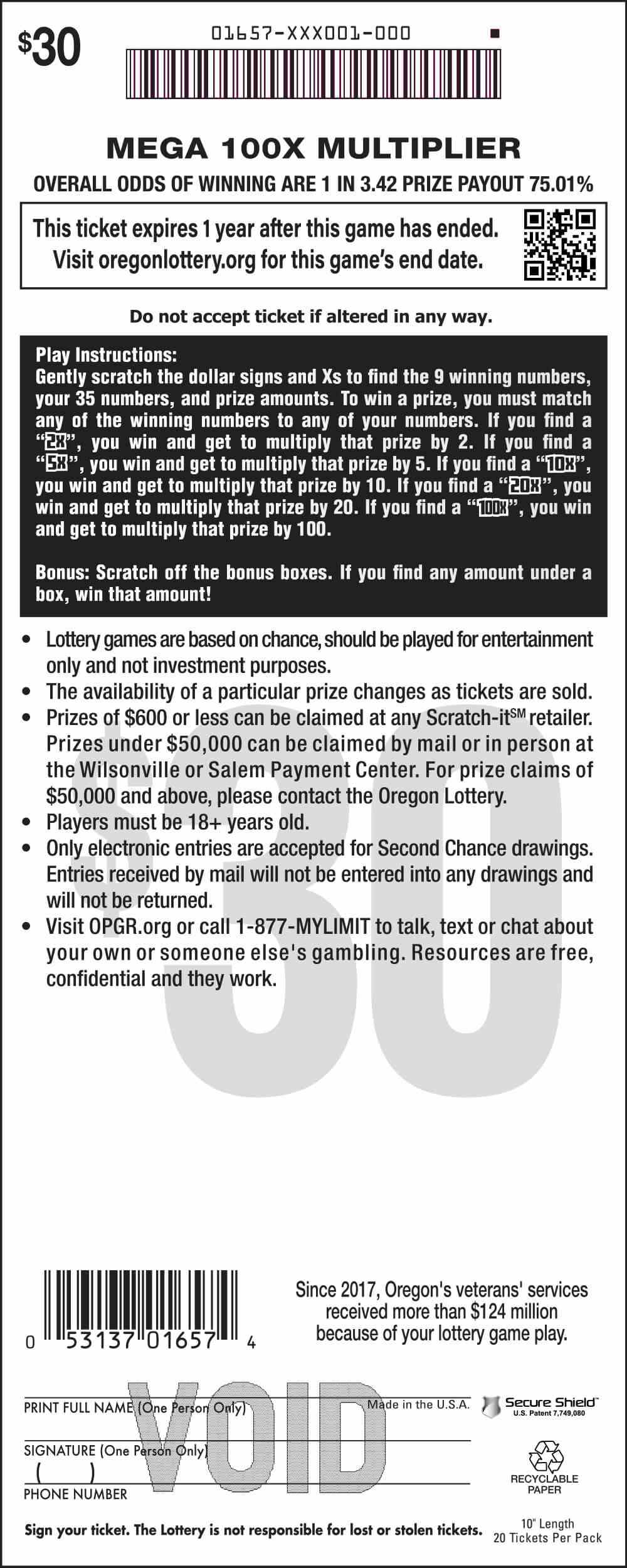 Mega 100X Multiplier scratchcard - game number #1657 - back