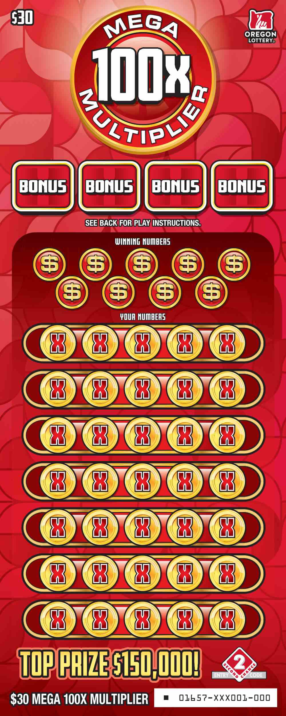 Mega 100X Multiplier scratchcard - game number #1657 - front