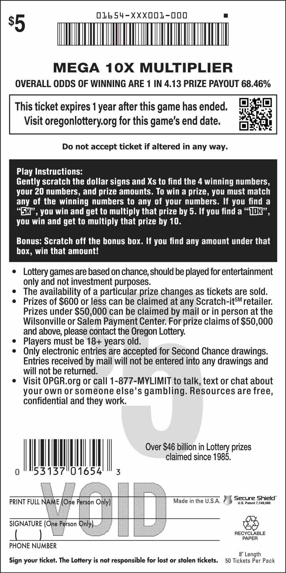 Mega 10X Multiplier scratchcard - game number #1654 - back