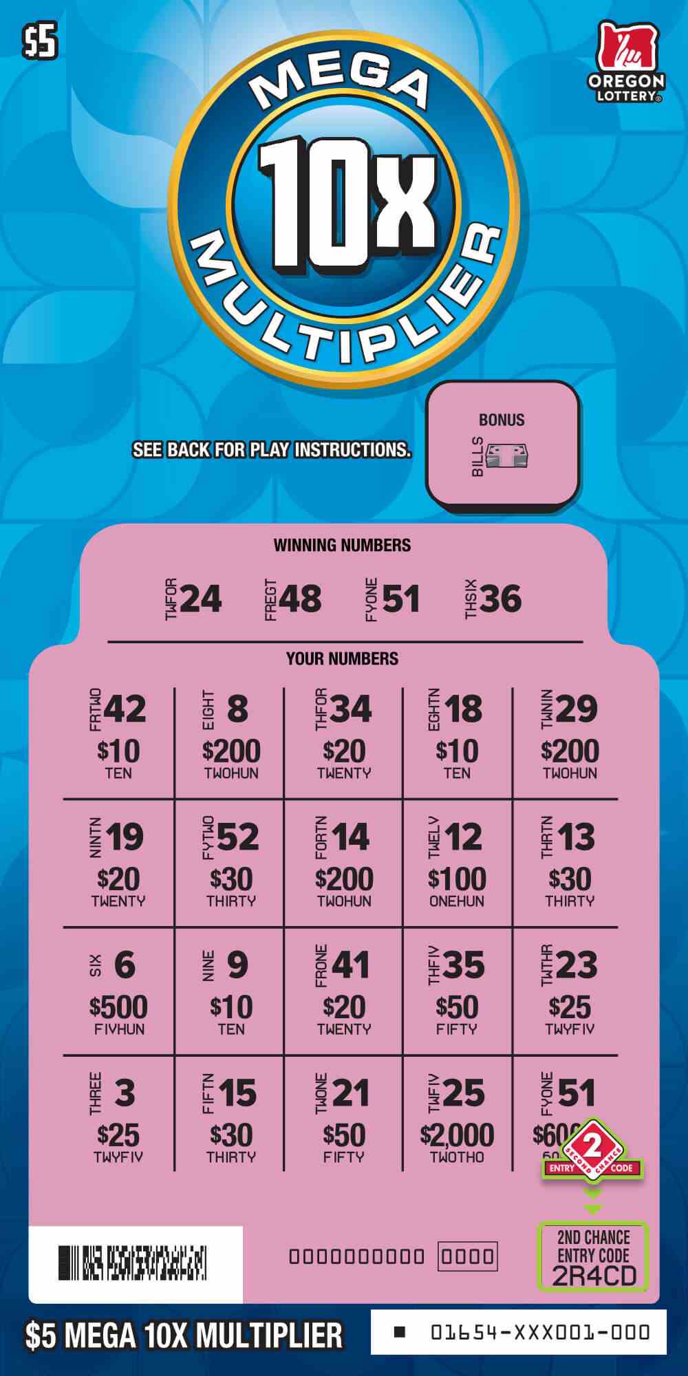 Mega 10X Multiplier scratchcard - game number #1654 - front-scratched