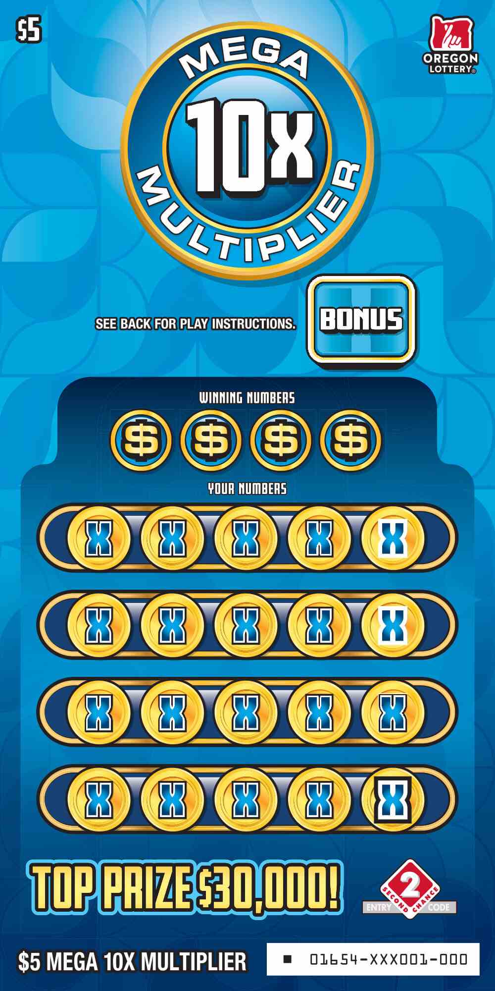 Mega 10X Multiplier scratchcard - game number #1654 - front