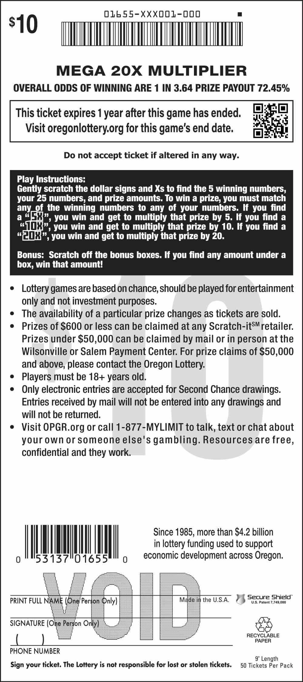 Mega 20X Multiplier scratchcard - game number #1655 - back