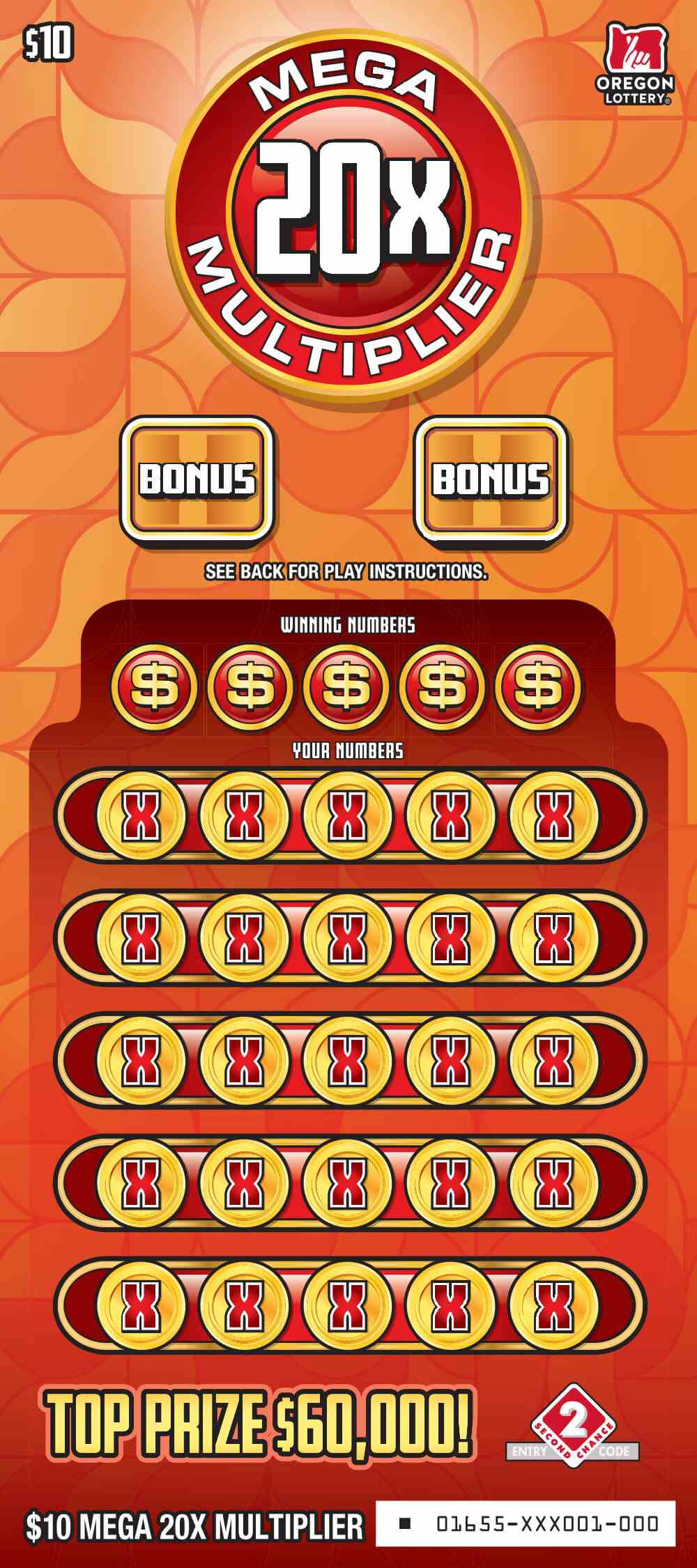 Mega 20X Multiplier scratchcard - game number #1655 - front