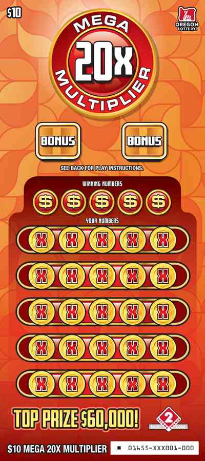 Mega 20X Multiplier scratchcard - game number #1655 - front