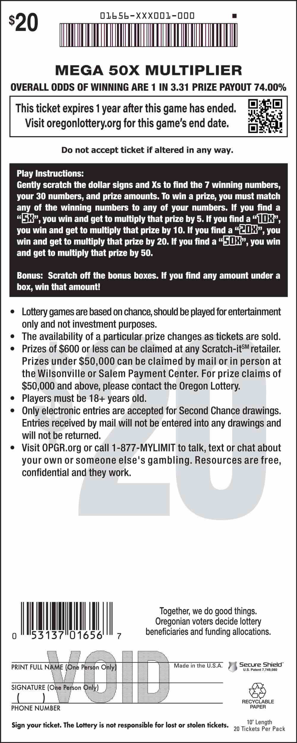 Mega 50X Multiplier scratchcard - game number #1656 - back