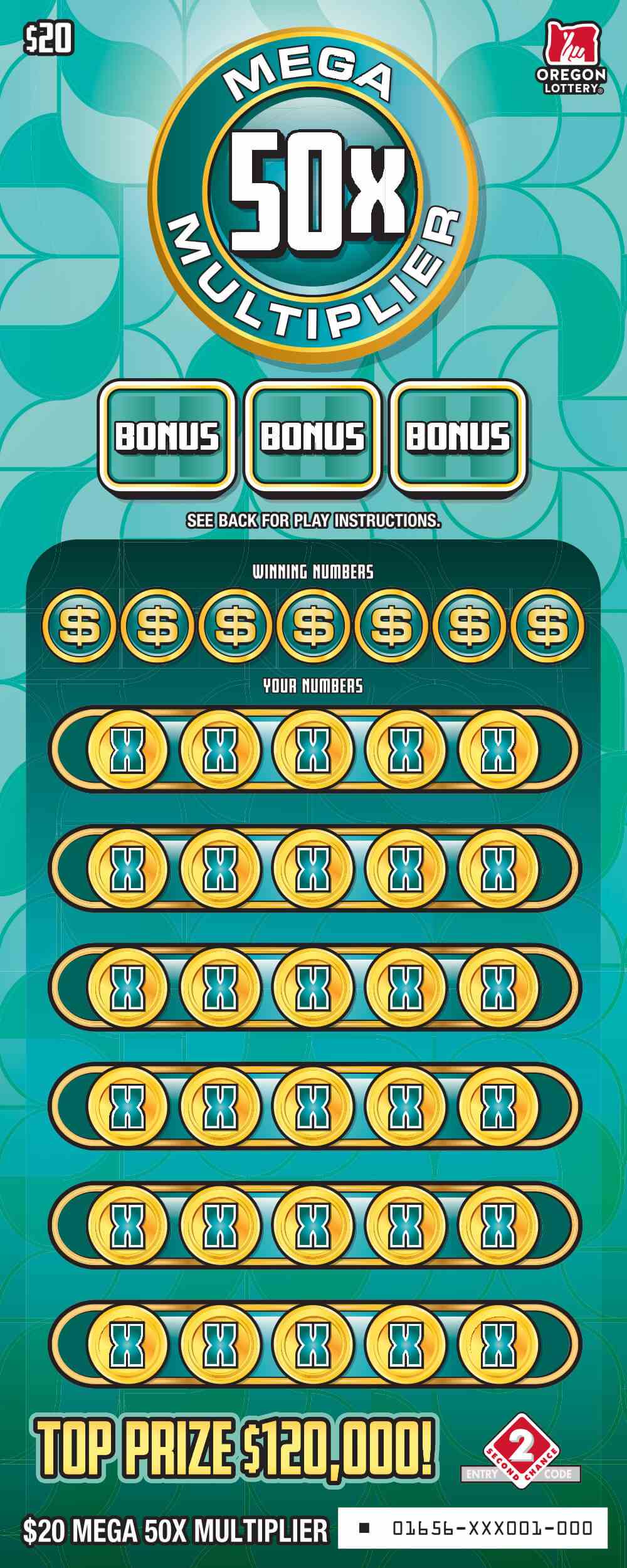 Mega 50X Multiplier scratchcard - game number #1656 - front