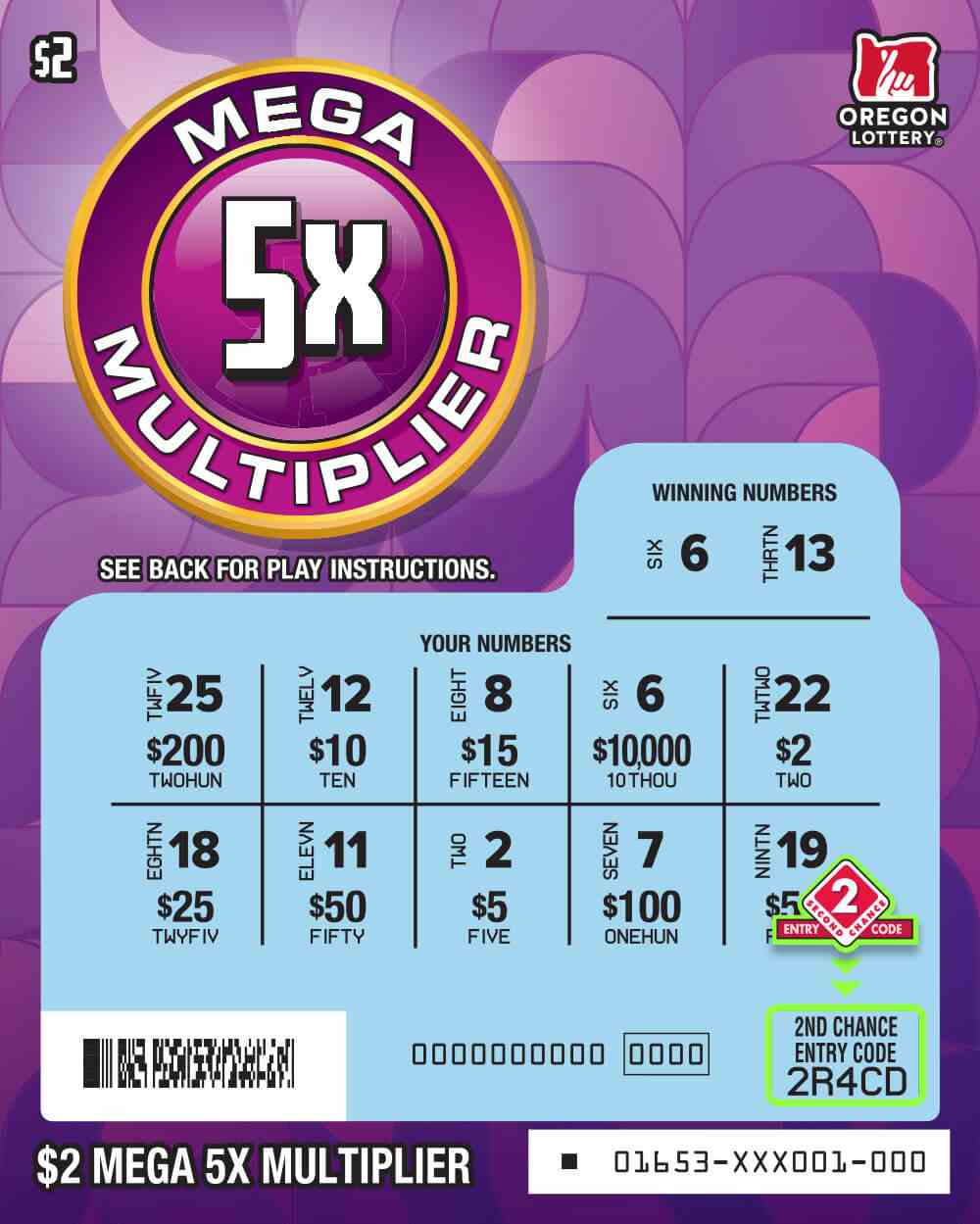 Mega 5X Multiplier scratchcard - game number #1653 - front-scratched