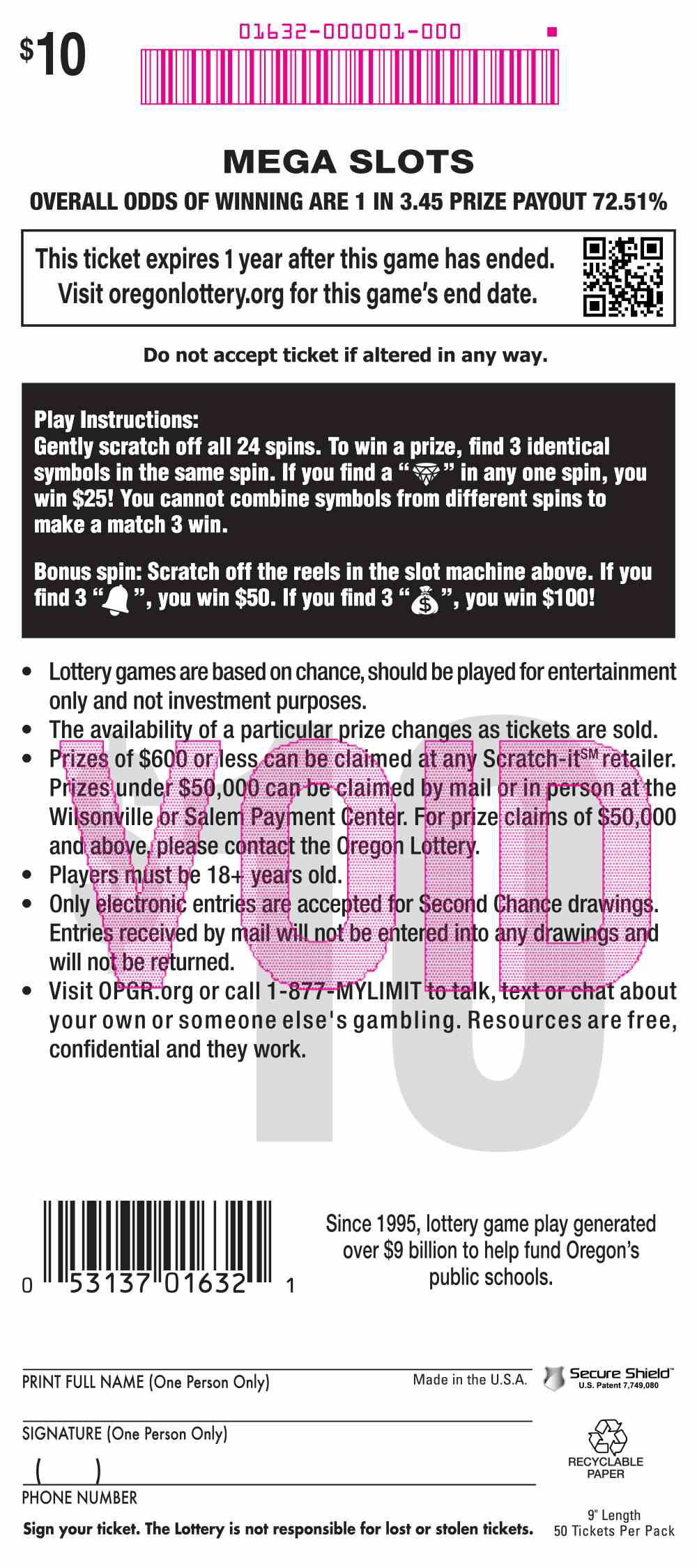 Mega Slots scratchcard - game number #1632 - back