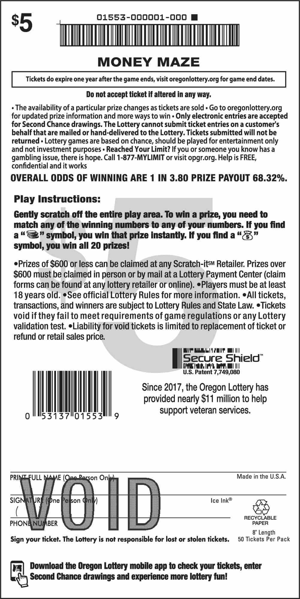 Money Maze scratchcard - game number #1553 - back