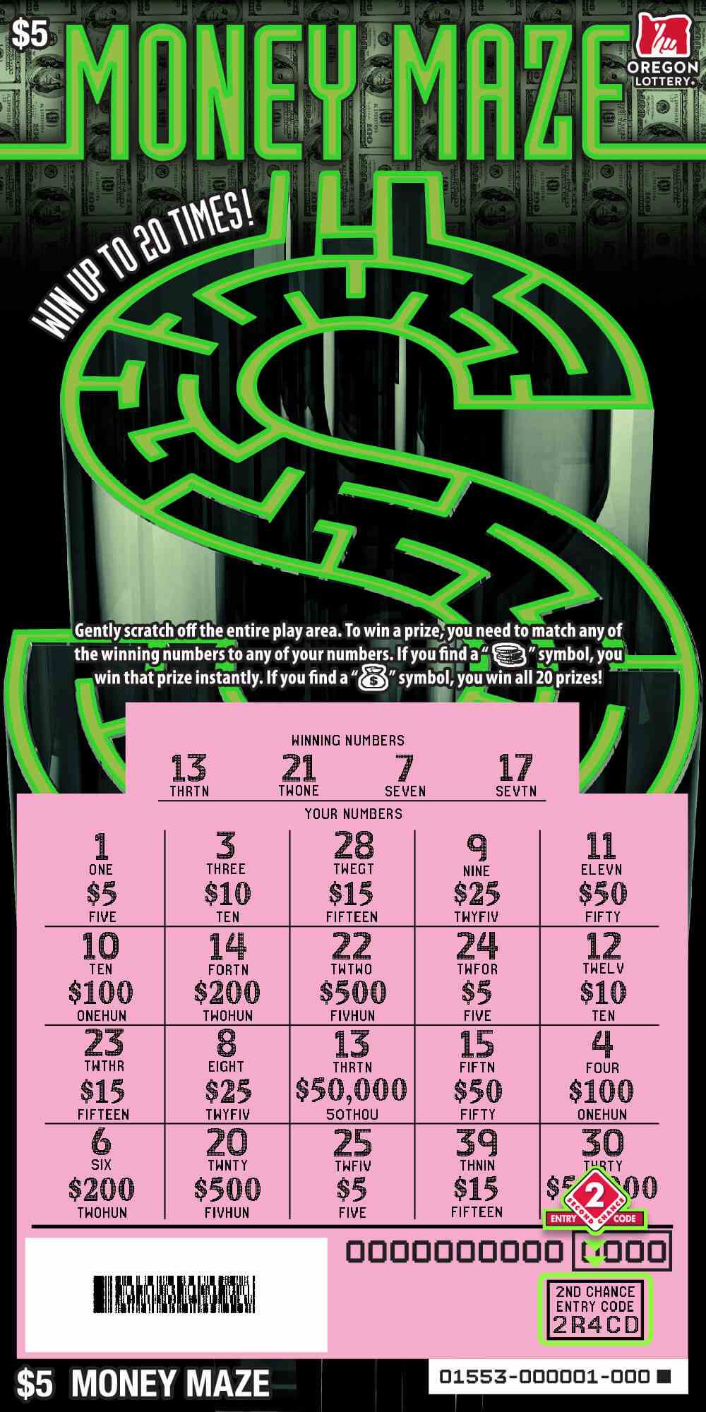 Money Maze scratchcard - game number #1553 - front-scratched