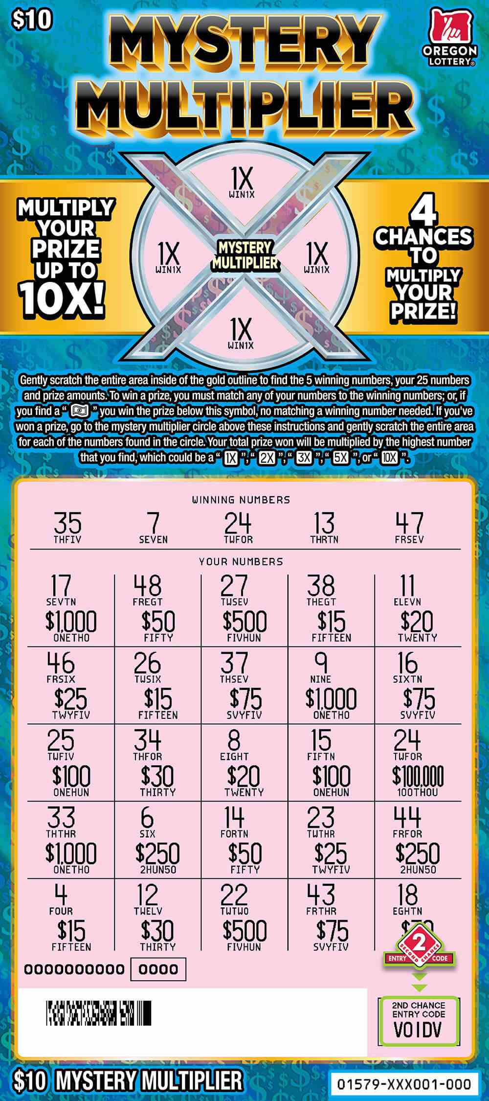 Mystery Multiplier scratchcard - game number #1579 - front-scratched