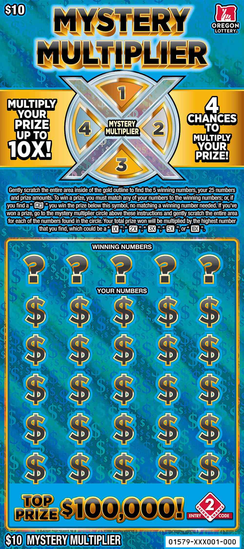 Mystery Multiplier scratchcard - game number #1579 - front