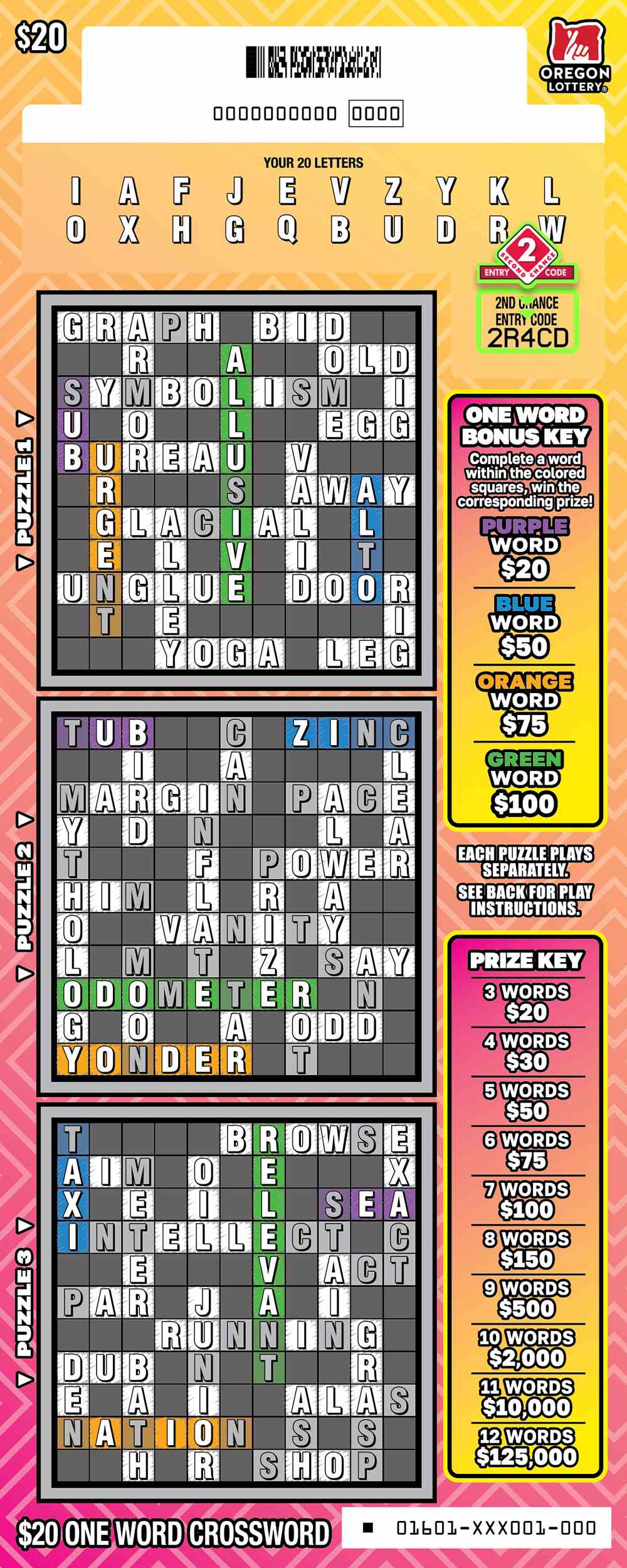 One Word Crossword scratchcard - game number #1601 - front-scratched