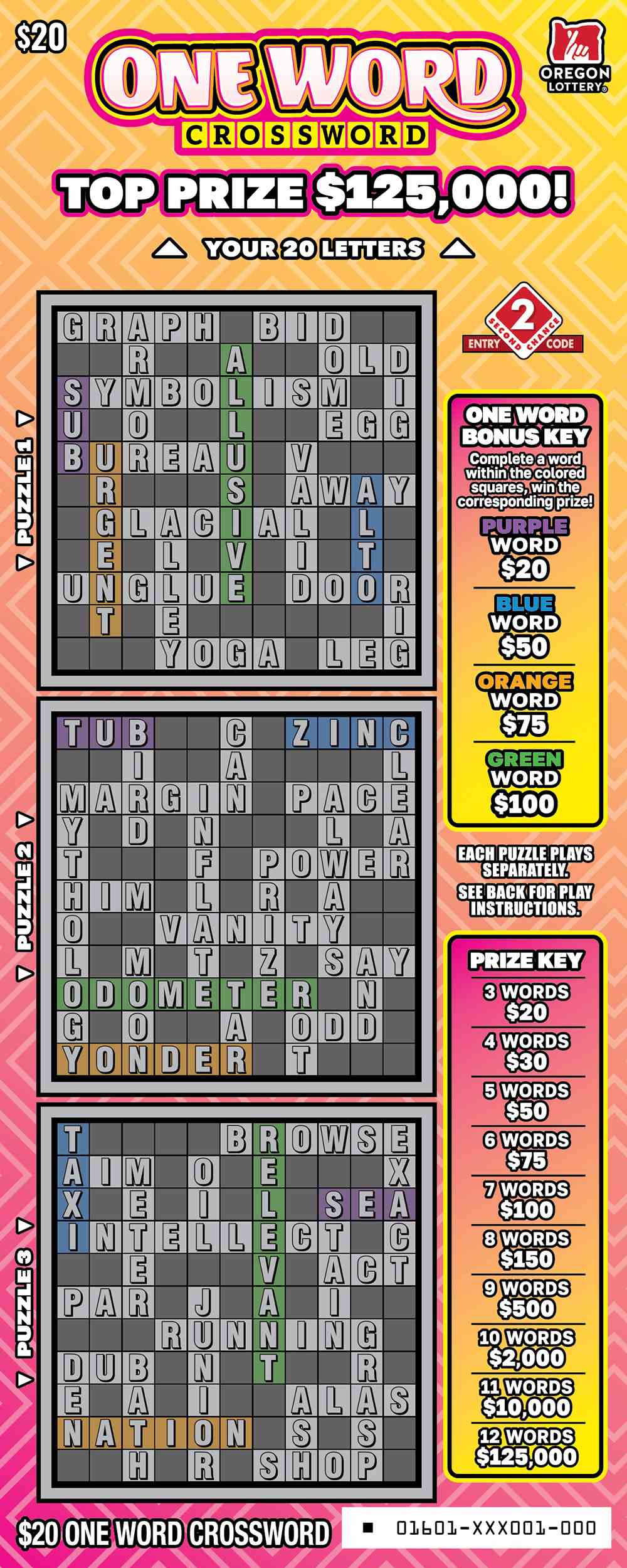 One Word Crossword scratchcard - game number #1601 - front