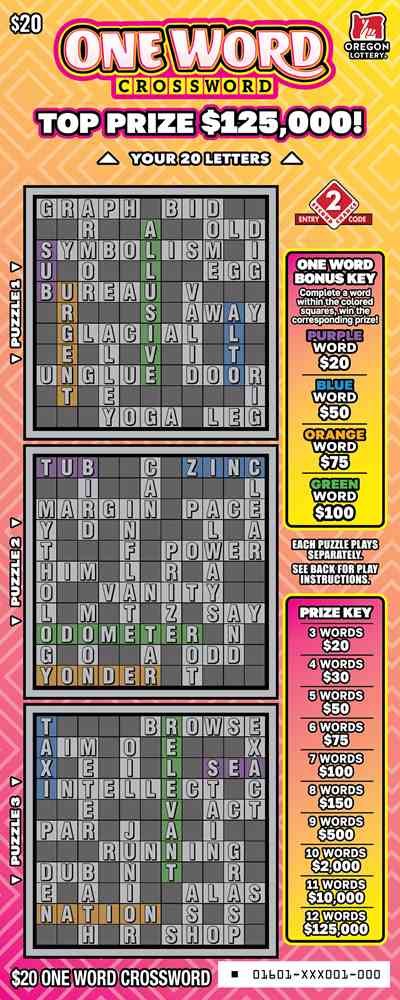 One Word Crossword scratchcard - game number #1601 - front