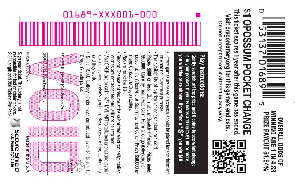 Opossum Pocket Change scratchcard - game number #1689 - back