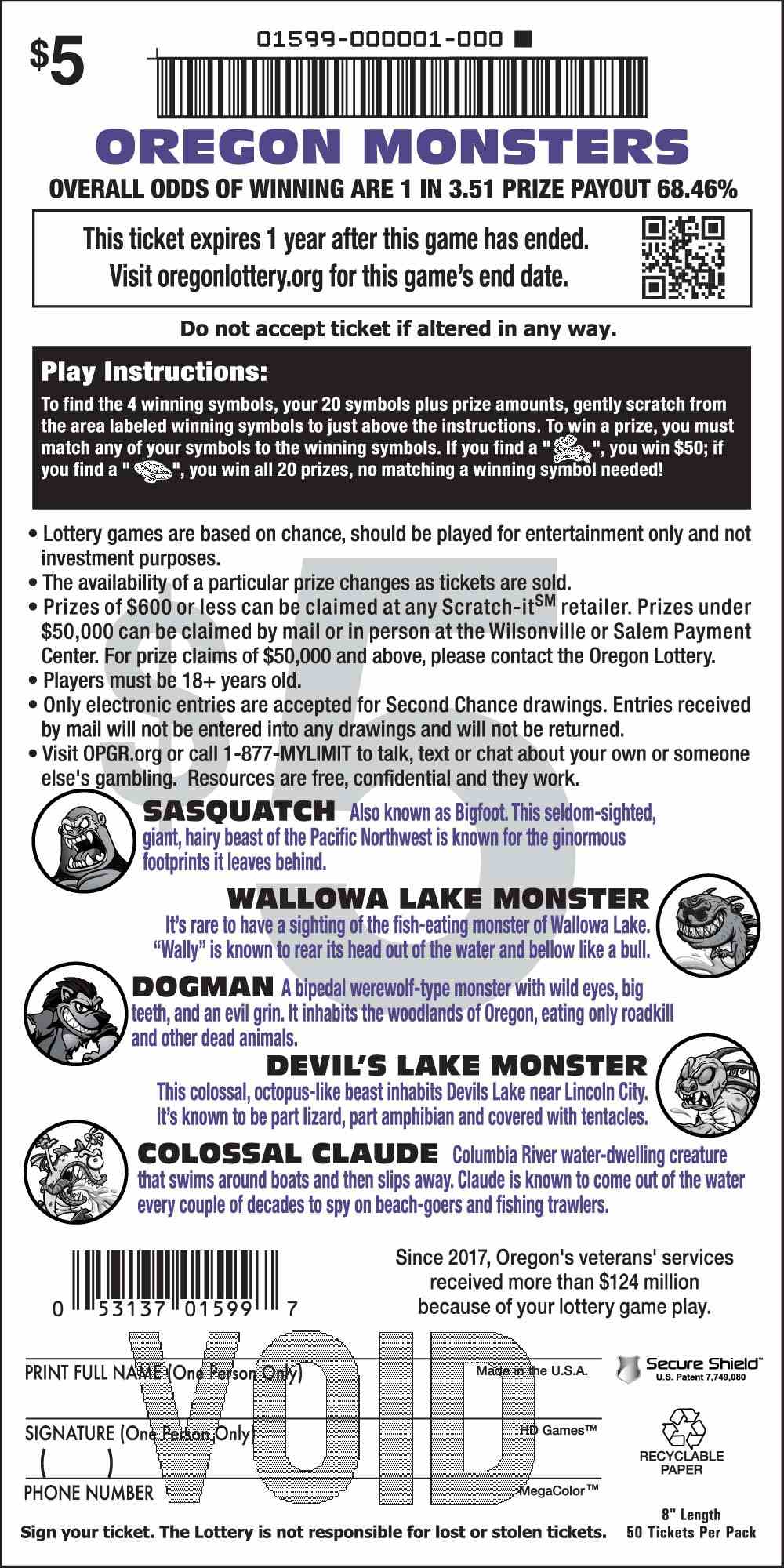 Oregon Monsters scratchcard - game number #1599 - back