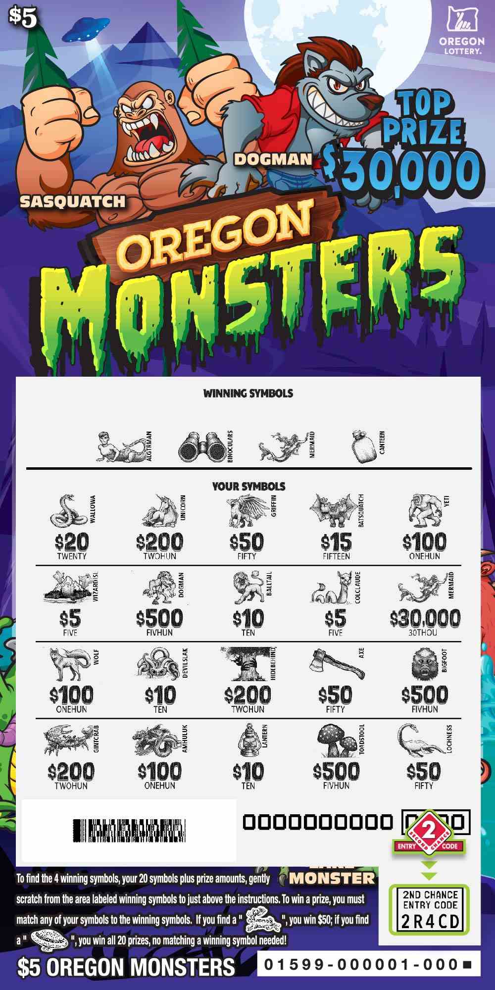 Oregon Monsters scratchcard - game number #1599 - front-scratched