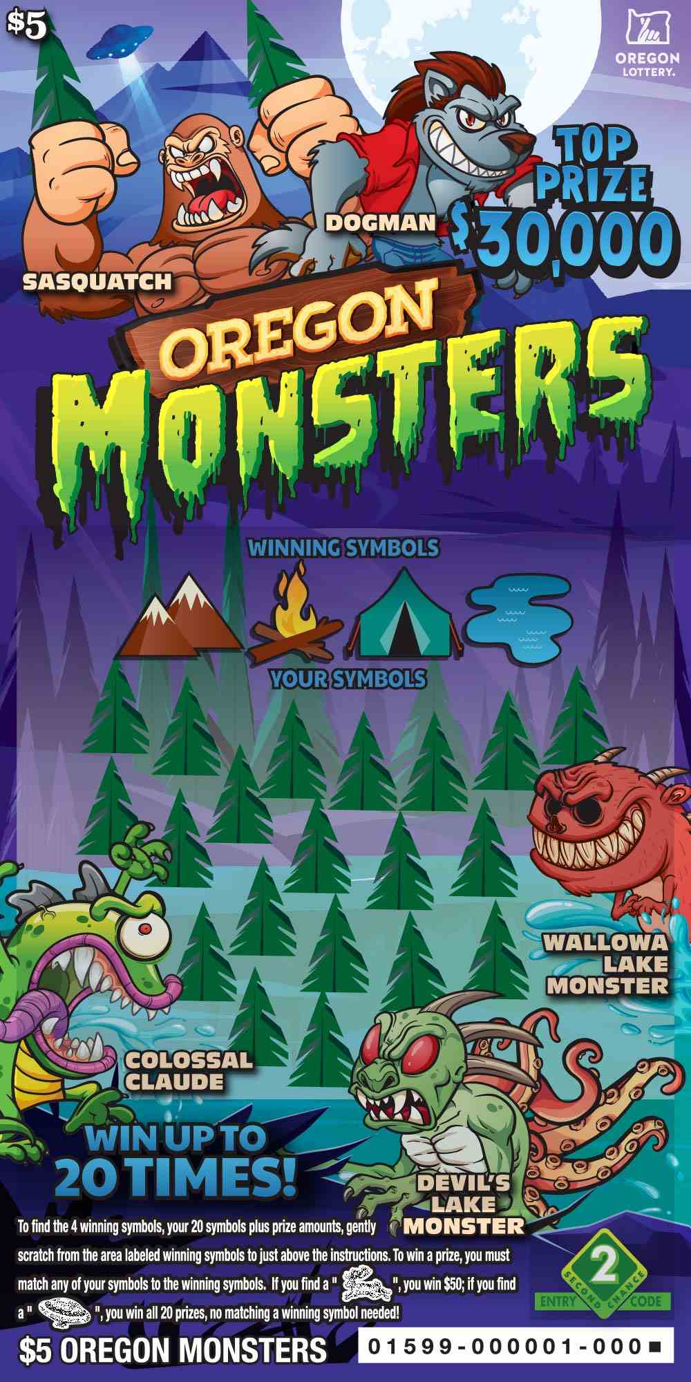 Oregon Monsters scratchcard - game number #1599 - front