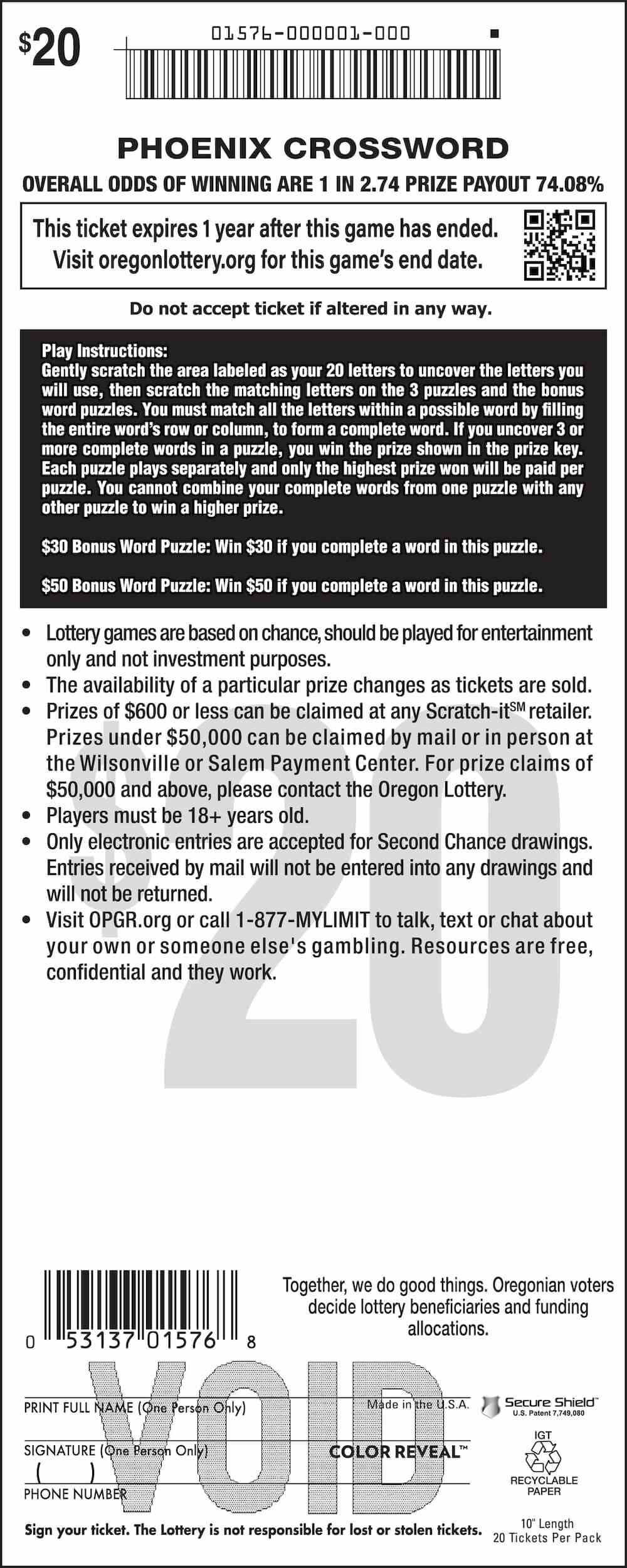 Phoenix Crossword scratchcard - game number #1576 - back