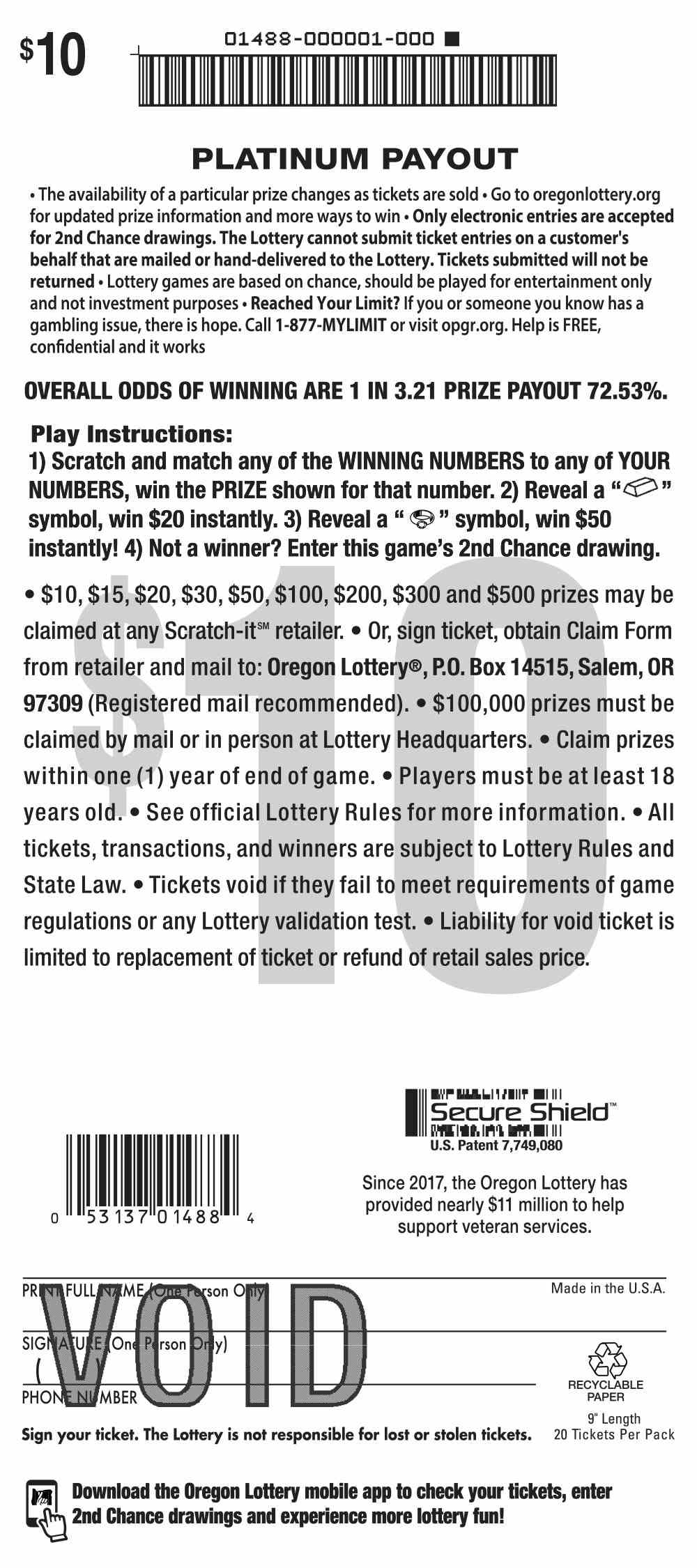 Platinum Payout scratchcard - game number #1488 - back