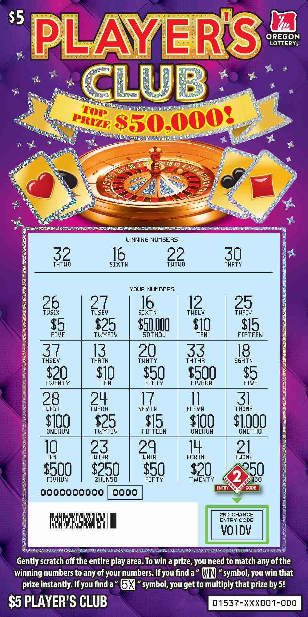 Player's Club scratchcard - game number #1537 - front-scratched