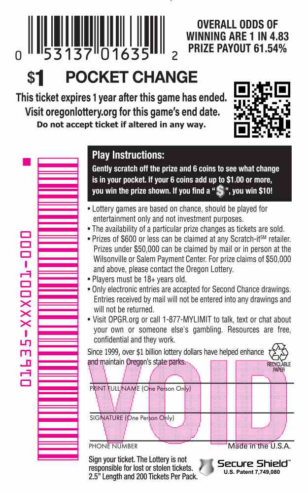 Pocket Change scratchcard - game number #1635 - back