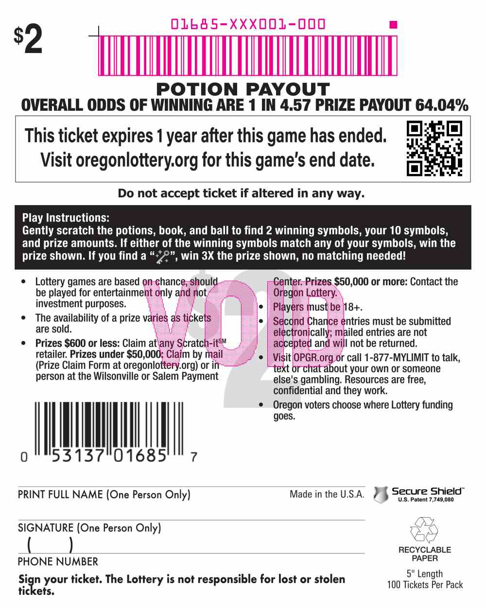 Potion Payout scratchcard - game number #1685 - back