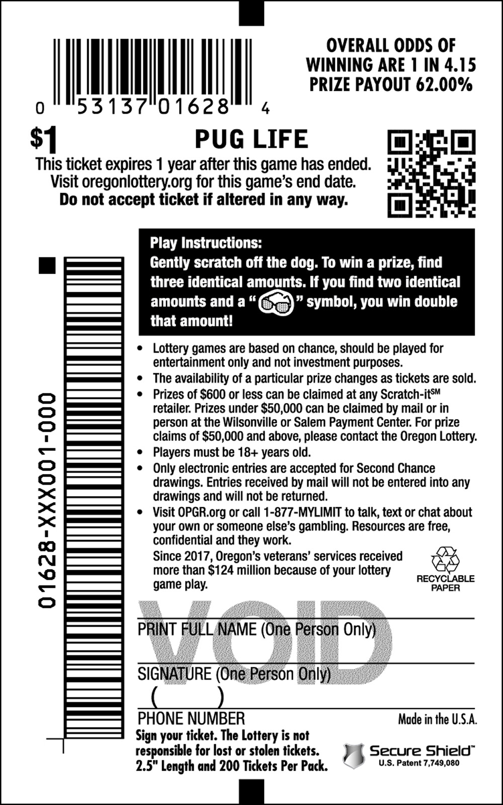 Pug Life scratchcard - game number #1628 - back