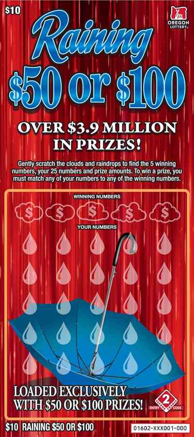 Raining $50 Or $100 scratchcard - game number #1602 - front
