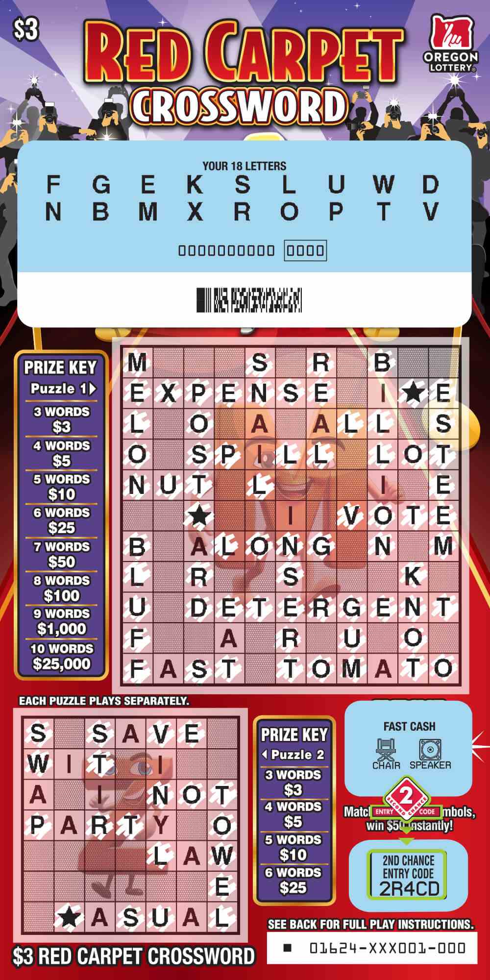Red Carpet Crossword scratchcard - game number #1624 - front-scratched