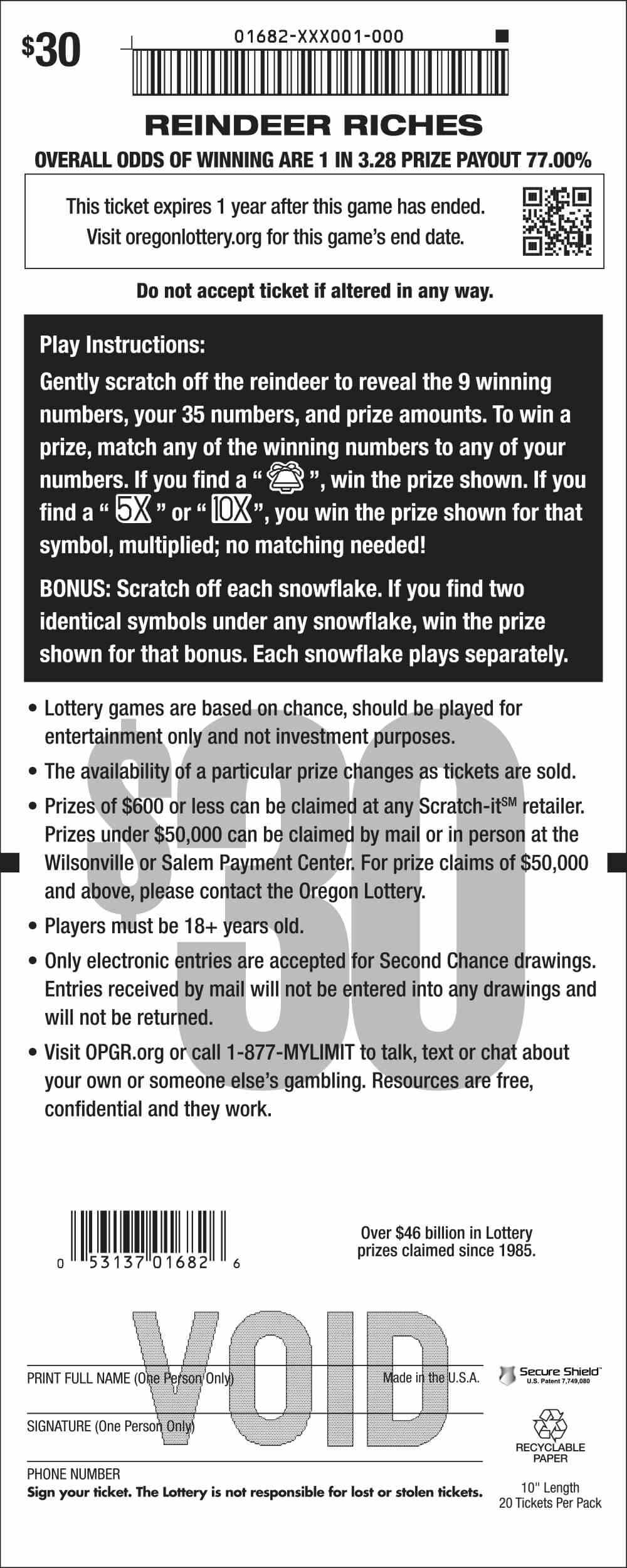 Reindeer Riches scratchcard - game number #1682 - back