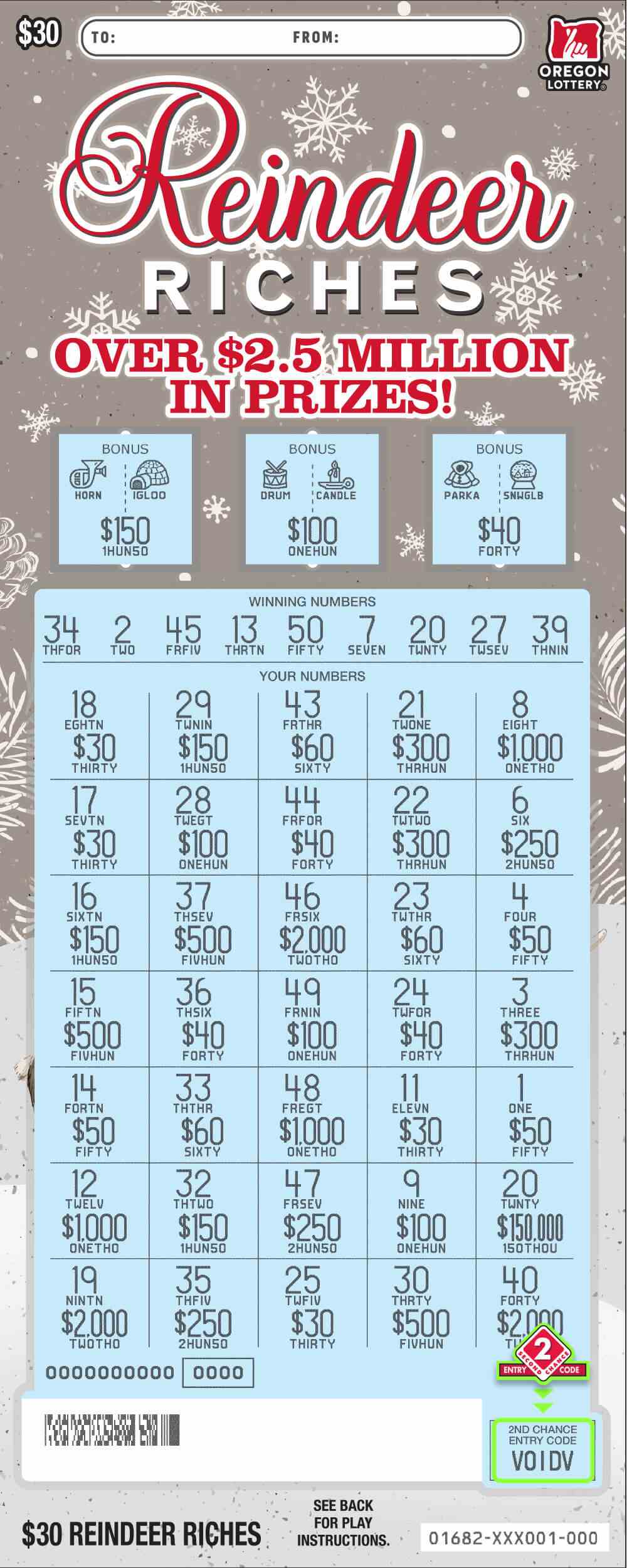 Reindeer Riches scratchcard - game number #1682 - front-scratched