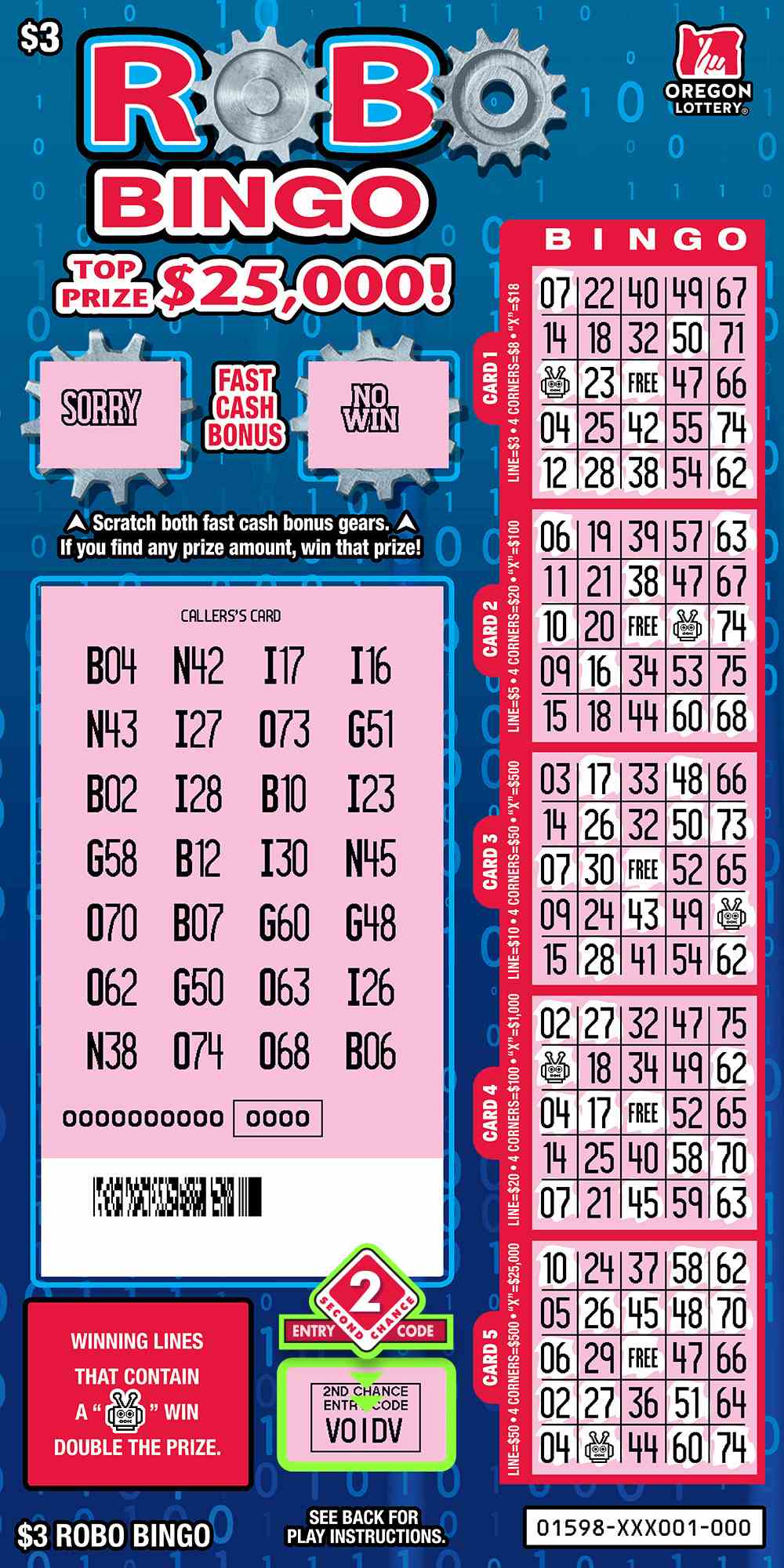 Robo Bingo scratchcard - game number #1598 - front-scratched