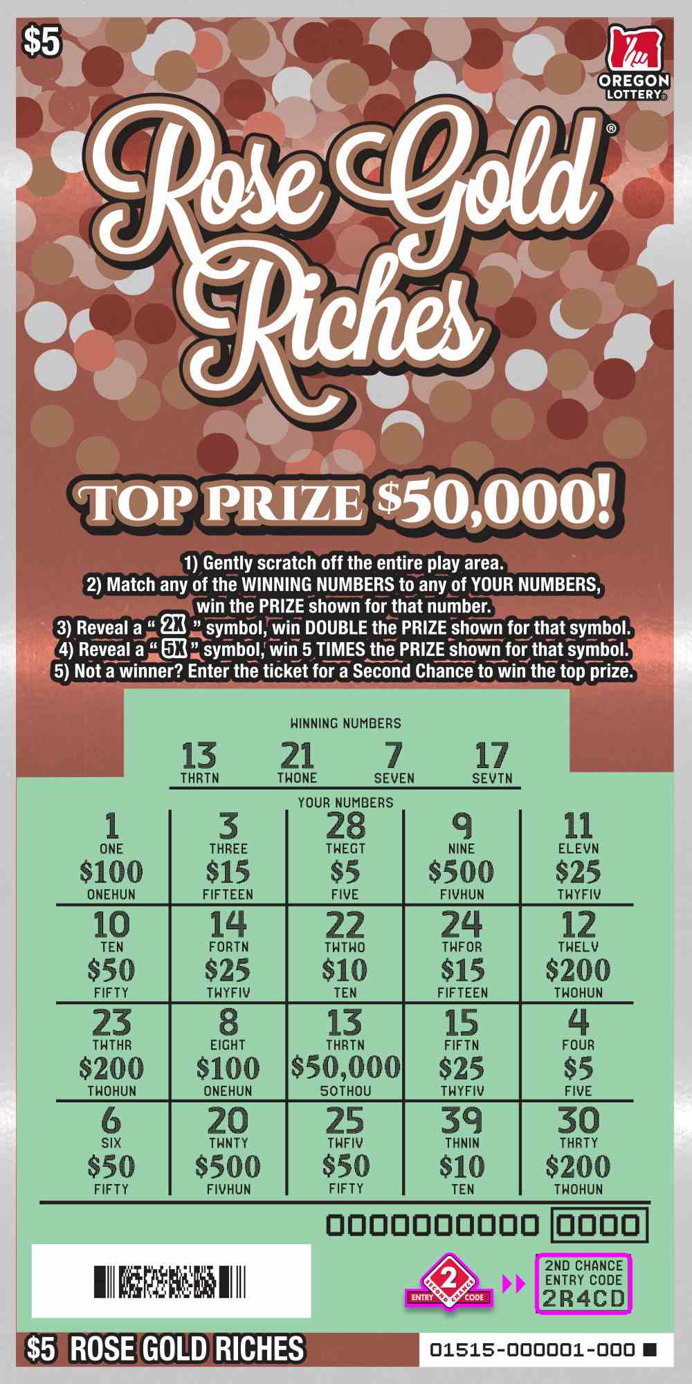 Rose Gold Riches scratchcard - game number #1515 - front-scratched