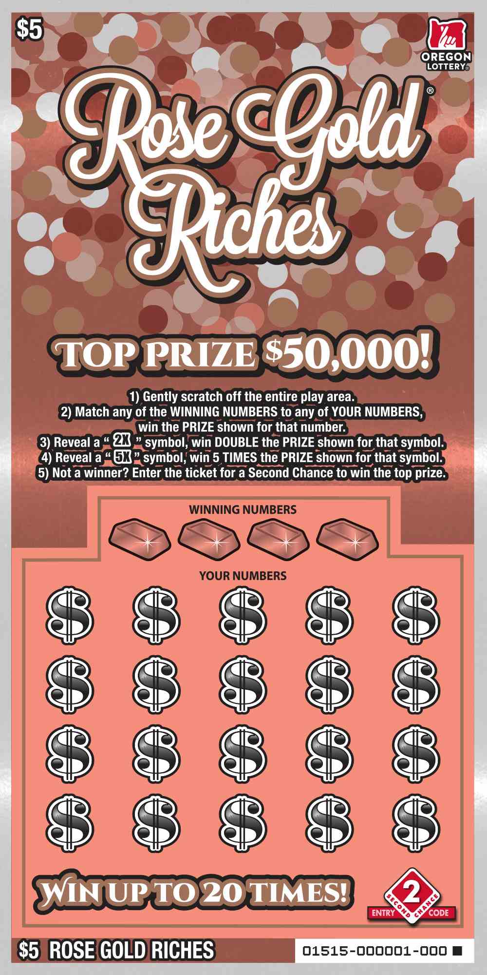 Rose Gold Riches scratchcard - game number #1515 - front