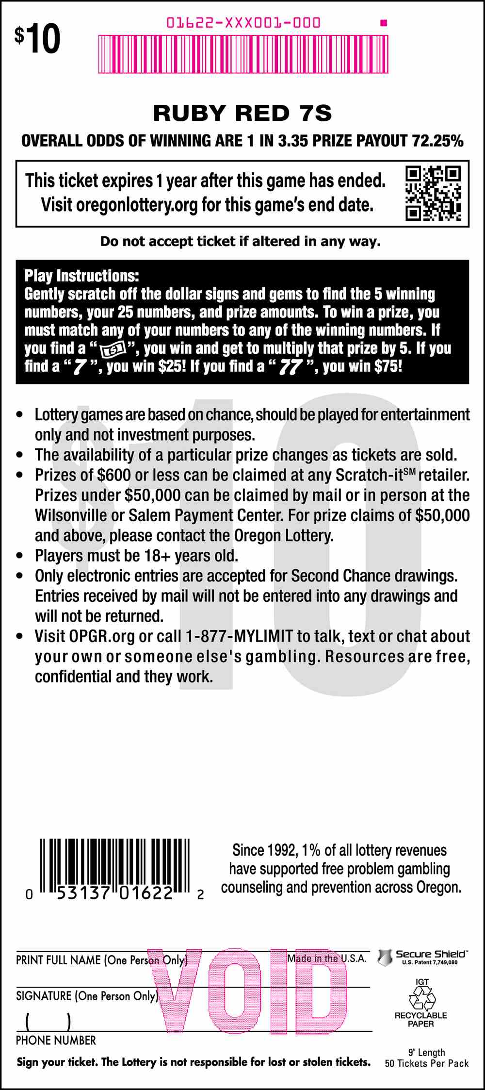 Ruby Red 7S scratchcard - game number #1622 - back