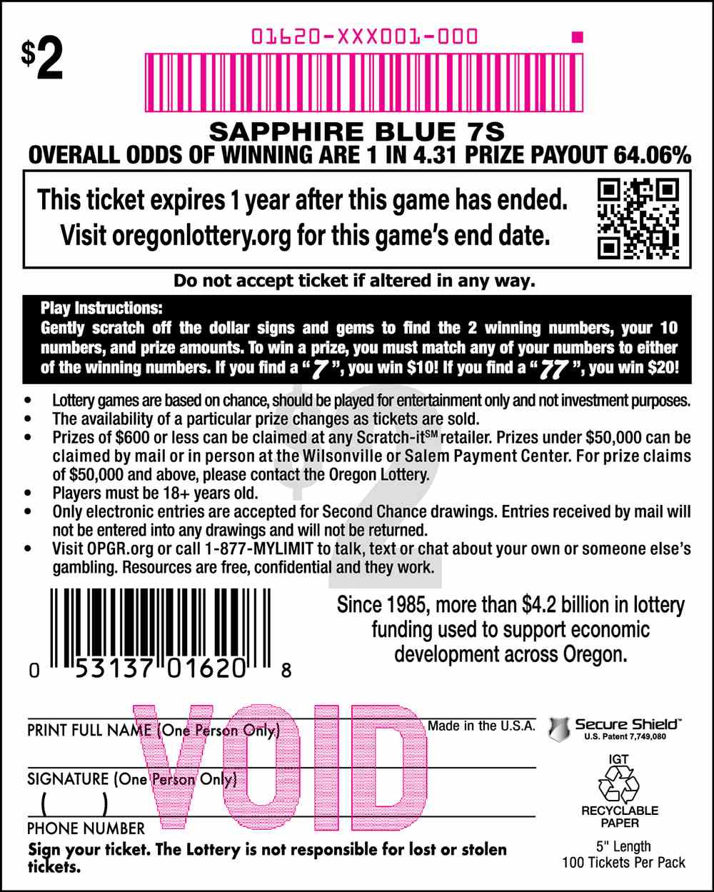 Sapphire Blue 7S scratchcard - game number #1620 - back