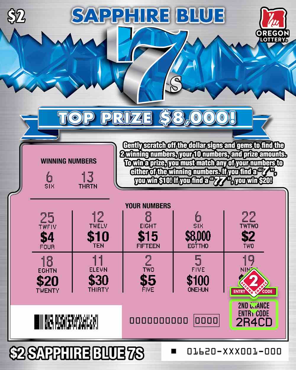 Sapphire Blue 7S scratchcard - game number #1620 - front-scratched