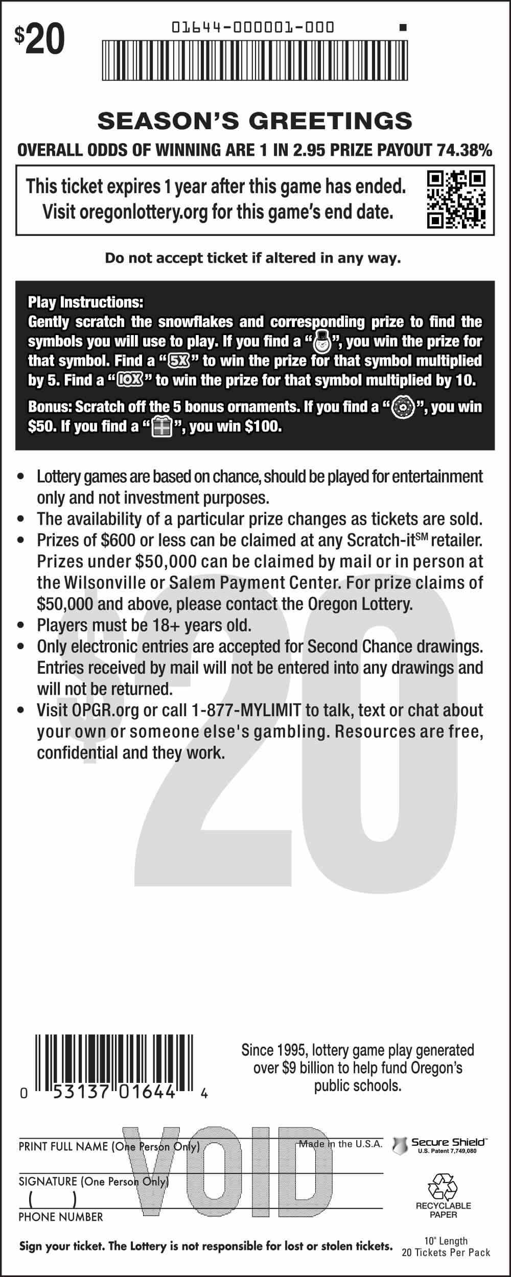 Season's Greetings scratchcard - game number #1644 - back