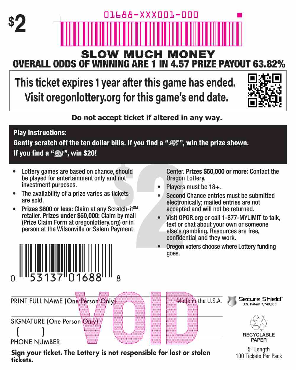 Slow Much Money scratchcard - game number #1688 - back