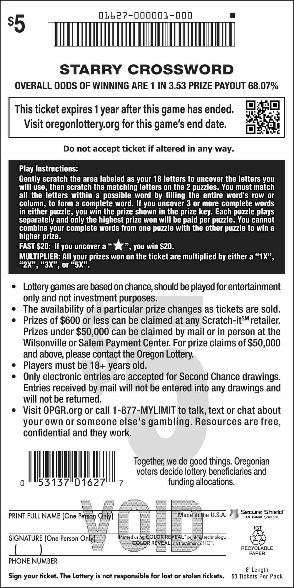 Starry Crossword scratchcard - game number #1627 - back