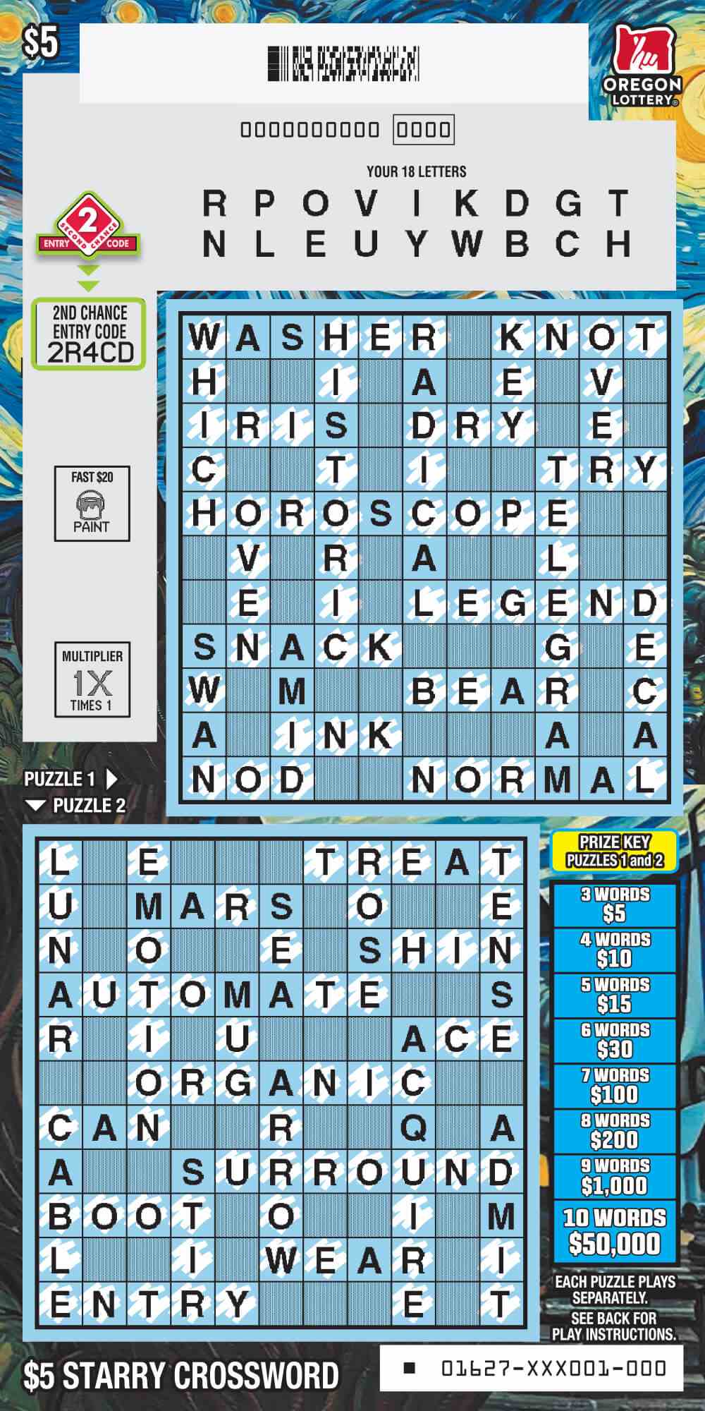 Starry Crossword scratchcard - game number #1627 - front-scratched